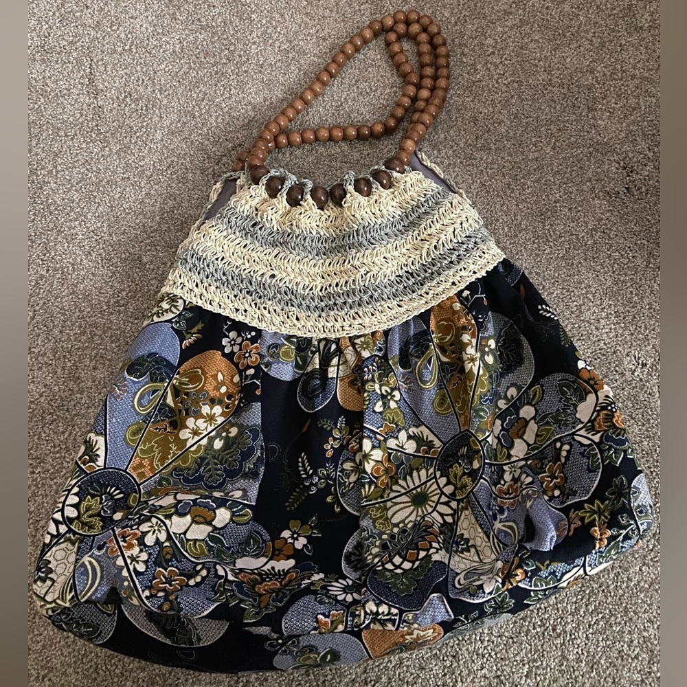 Floral Boho Bag with Wooden Bead Handle
